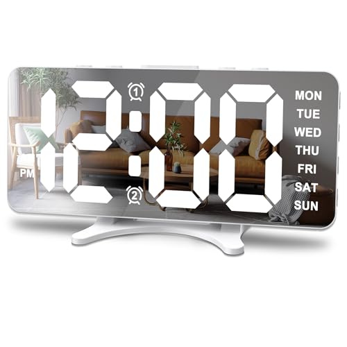 Digital Alarm Clock for Bedroom, Mirror LED Display Bedside Clock with Adjustable Brightness, Dual Alarm & Snooze for Heavy Sleepers, USB Powered Desk Clock for Nightstand, Home & Dorm