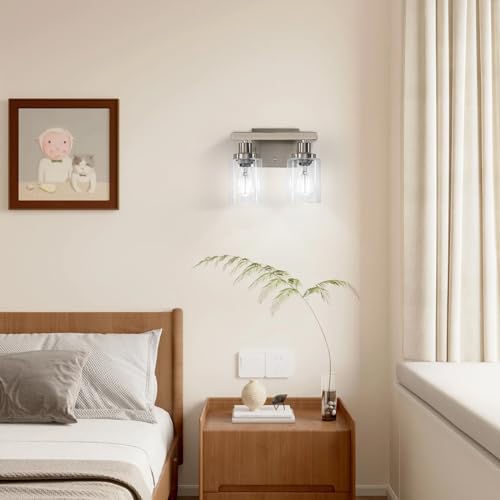 Bathroom Vanity Light, 2-Light Nickel Modern Matte Wall Sconce Lighting with Clear Glass Shade, Wall Lights,Bath Vintage Wall Mounted Lamps for Mirror Bedroom Living Room - color: Nickel, size: 2-light