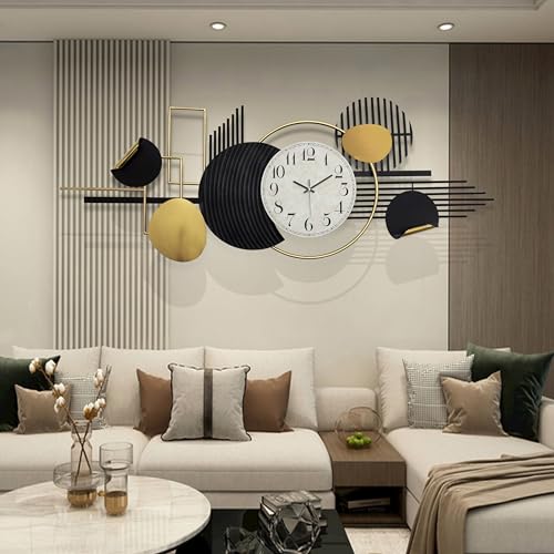 ERMOFAV Metal Wall Art, Black and White Decor for Living Room, Abstract Modern Creative Geometric Round Art Decor 57" × 23" Large 3D Wall Clock for Bedroom, Dining Room, Home Hanging Wall Sculpture