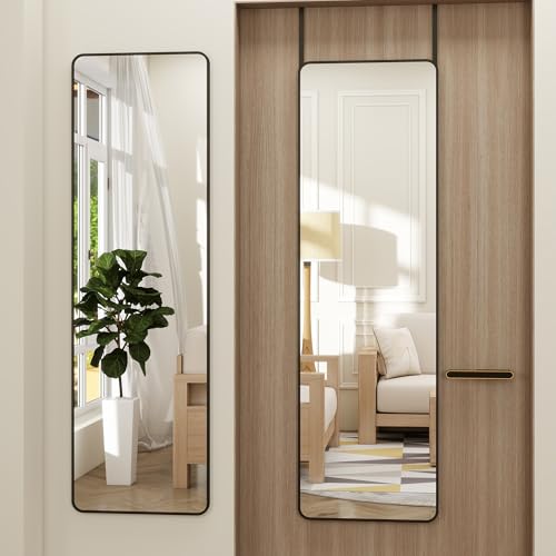 48"x 14" Full Length Door Mirror, Over the Door Mirror, Black | Aluminum Thin Frame Full Body Mirror, Lean/Hang/Wall-Mount Horizontal or Vertical, for Bedroom, Living Room, Cloakroom - color: Black-round, size: 48"L x 14"W