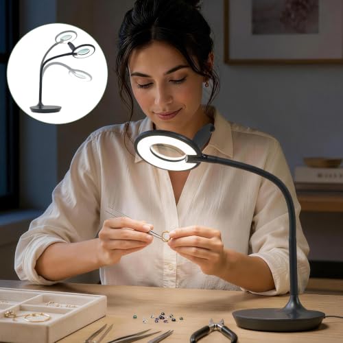 3X+6X Magnifying Glass with Light and Stand, Dimmable LED Magnifying Lamp | Flexible Gooseneck, Hands Free Magnifier, Magnification Lamp for Elderly Craft Hobby Painting Sewing Close Work,Weighted Base - color: Black