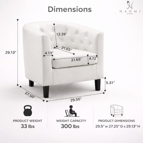 Naomi Home Emma Faux Leather Barrel Accent Chair – Modern Tufted Faux Leather Armchair with Wooden Legs, Wide Seat, Enhanced Back Support for Living Room Décor | Solid wood frame, sturdy legs and easy-clean faux leather create lasting comfort for living r
