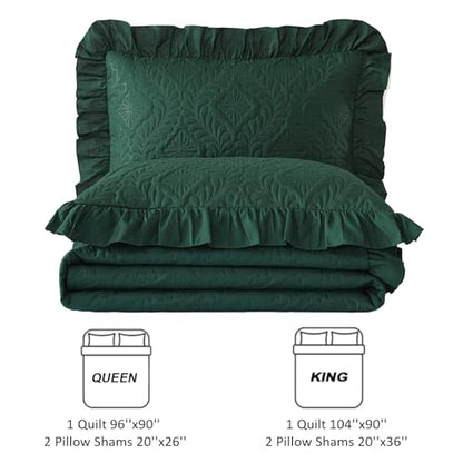 DJY Queen Quilt Set Emerald Green, 3 Pieces Ruffled Bedspreads Quilt | Lightweight Soft Bedding Coverlet for All Seasons, 96''x90'' (Includes 1 Quilt, 2 Pillow Shams) - color: Emerald, size: Queen