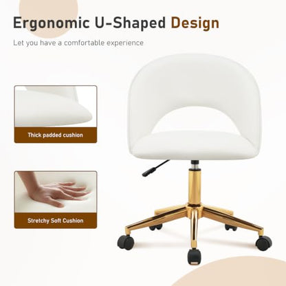 Furnimart Armless Swivel Rolling Desk Chair, Adjustable Faux Leather Vanity Chair with Wheels, Cute Task Chair with Gold Legs for Living Room Bedroom Studying Small Places (PU White) - color: Faux Leather-pu White