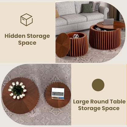 Nesting Coffee Table Set of 2, Round, Walnut | Hidden Storage, Solid Wood, Stackable End Tables, Circle Side Tables for Small Space Living Room Apartment - color: Walnut 26.77"
