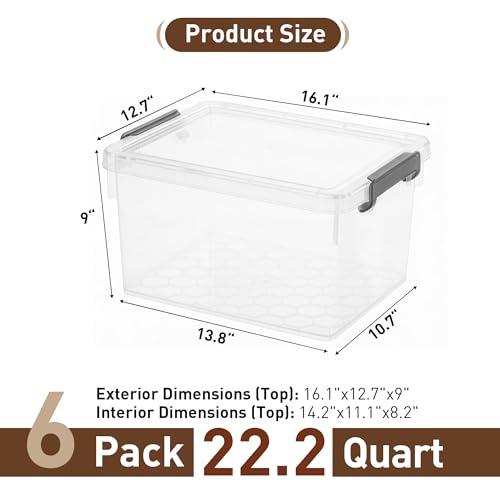 Citylife 22.2 Qt Ultra-Thick Clear Plastic Storage Bins with Lids, 6-Pack Stackable Straight-Wall Closet Organizers with Honeycomb Base & Pinch-Free Latches for Garage, Clothes & Holiday Decor - size: 22.2 QT, style: 6 Pack