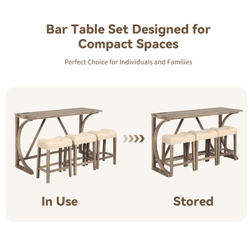 59" Counter Height Bar Table Set with Power Outlet, Industrial Breakfast Table with 3 Padded Stools, 4 Piece Bar Table and Chairs Set for Living Room, Dining Room, Brown - color: O-brown