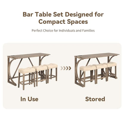 59" Counter Height Bar Table Set with Power Outlet, Industrial Breakfast Table with 3 Padded Stools, 4 Piece Bar Table and Chairs Set for Living Room, Dining Room, Brown - color: O-brown
