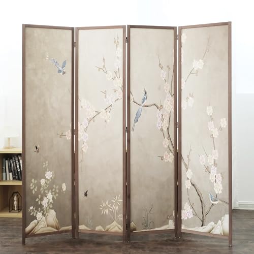4 Panel Room Divider, 5.6 ft Tall Double-Sided Blackout Folding Privacy Screen – Freestanding Wall Partition with Plums and Birds Scenery for Home Office, Easy Setup (67" H x 63" W) - color: Plums and Birds, size: 4 Panel