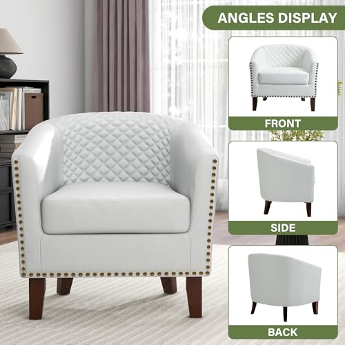 Faux Leather Accent Chair, Modern Barrel Club Chair, White | Comfy Upholstered Armchair for Living Room, Round Club Chair Single Sofa Bedroom Reading Seat | 26"D*29"W*29"H - color: White