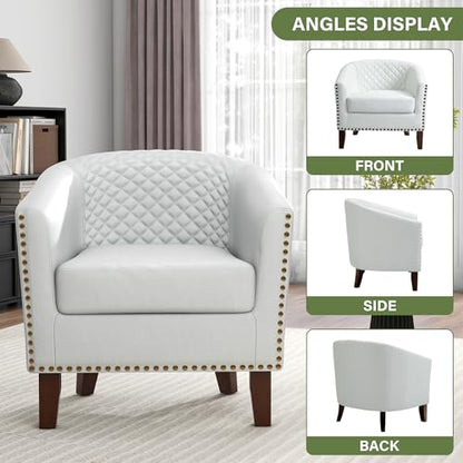 Faux Leather Accent Chair, Modern Barrel Club Chair, White | Comfy Upholstered Armchair for Living Room, Round Club Chair Single Sofa Bedroom Reading Seat | 26"D*29"W*29"H - color: White