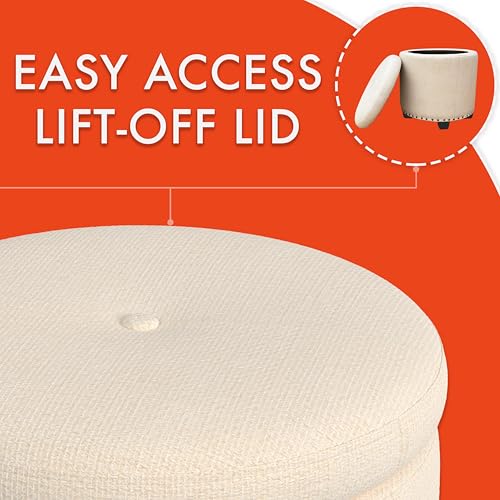 HomePop 18.5" Round Storage Ottoman with Nailheads - Cream Woven - color: Cream Woven