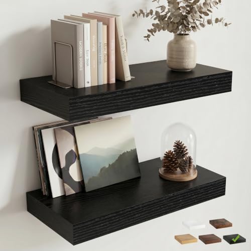 8 inch Deep Floating Shelves for Wall, 24" Wide, Black Finish, 2-Pack | Engineered Wood Wall Shelves with Invisible Brackets for Living Room, Bedroom, Bathroom, Office & Kitchen Storage - color: Black Finish, size: 24"W x 8"D, 2p