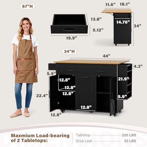 YESHOMY Kitchen Island on Wheels with Trash Cabinet, 56" Mobile Cart with Drop Leaf and Drawers, Rolling Portable Table with Spice Rack & Towel Holder for Dining Room, Black & Oak - color: Black & Oak