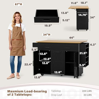 YESHOMY Kitchen Island on Wheels with Trash Cabinet, 56" Mobile Cart with Drop Leaf and Drawers, Rolling Portable Table with Spice Rack & Towel Holder for Dining Room, Black & Oak - color: Black & Oak
