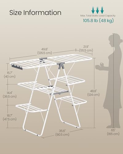 SONGMICS Clothes Drying Rack, Foldable 3-Level Laundry Rack, Free-Standing Large Drying Rack, with Height-Adjustable Wings, 39 Drying Rails, Sock Clips, White and Gray ULLR054W01 | Large Free-Standing Laundry Rack, Height-Adjustable Wings, White and Gray,