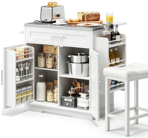 Dripex 41'' Kitchen Islands Foldable with Stainless Steel Top & Seating, Rolling Island Table for Kitchen with Drop Leaf, Bar Stool, Power Outlet, Adjustable Storage Shelves, Spice Rack, White - color: White