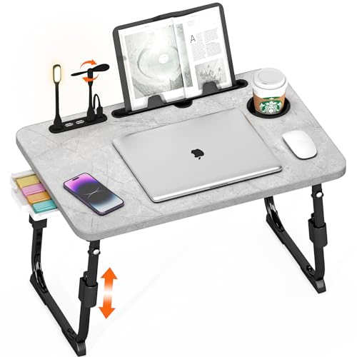 Lap Desk for Bed Adjustable Height with USB Port 23.6" x15.7" Desktop | Storage Drawer, Bookshelf, Fits 17" Laptop, For couch WFH Study, Foldable Non-Slip No Assembly Sturdy Lightweight LightStone - color: Light Stone Texture