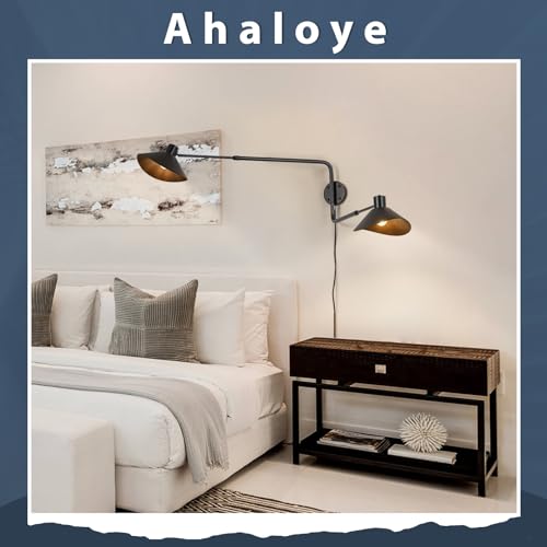 Big 2-Light Plug in Wall Sconce, Adjustable Swing Arms Wall Light Fixture for Living Room Bedroom Bedside Wall Light Adjustable Swivel Arms Length 22” to 58” - color: A-Black