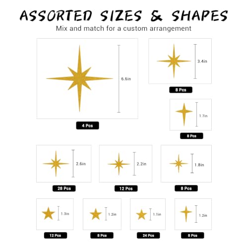 120 Pcs Glitter Gold Star Wall Decals | Retro Starburst Decor, Assorted Shapes & Sizes, Peel and Stick - style: Glitter Gold Star