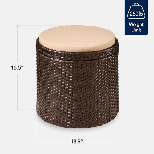 Best Choice Products Round Wicker Ottoman, Multipurpose Outdoor Furniture for Patio, Backyard, Additional Seating, Footrest, Side Table w/Storage, Removable Cushions – Brown/Beige - color: Brown/Beige