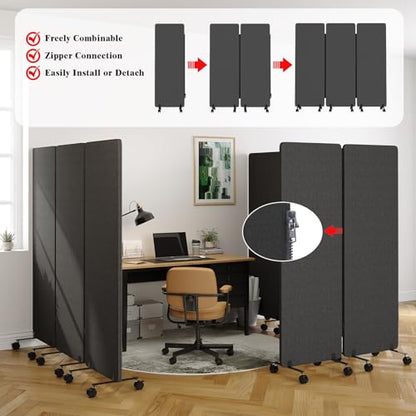 3 Panel Soundproof Room Divider W/Wheels, Office Divider with Whiteboard | 66" H with Detachable Whiteboard/Clips/Hooks/Pushpins,Wheeled Room Dividers, Easy to Move,For Conference Room Partitions - color: Dark Grey, size: 3-Panel-with Board