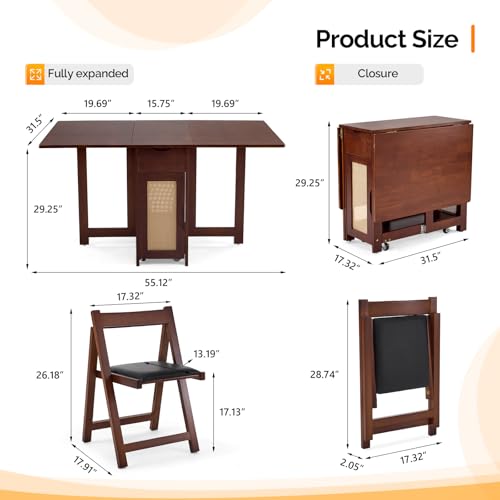 VINGLI Folding Dining Table Set Extendable Drop Leaf Solid Wood Foldable Table 5 Piece with 4 Chairs 2 Drawers and Wheels for Kitchen Space Saving,Walnut