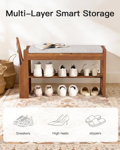 Pipishell 26" Pine Wood Shoe Bench Entryway with Soft Cushion and Storage | Lift-top storage, side holder, 440 lbs weight capacity, sturdy and durable, EPA & CARB-certified, holds 6 pairs, for entryway - size: 25.8 Inch