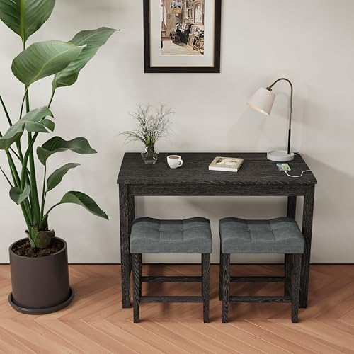 allamazing 3-Piece Counter Height Bar Table Set with Socket and 2 Fabric Padded Bar Stools, Tall Kitchen Breakfast Dining Table Set with Stools (1+2 Black) - color: 1+2 Black