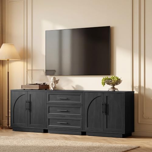 Fatmok Modular Entertainment Center & Buffet Cabinet, Extra Long Sideboard TV Stand with Arched Wooden Doors, Modern Wooden Storage Cabinet for Living Room, Black Grey(CEC,3-Piece) - color: Cec-black Grey