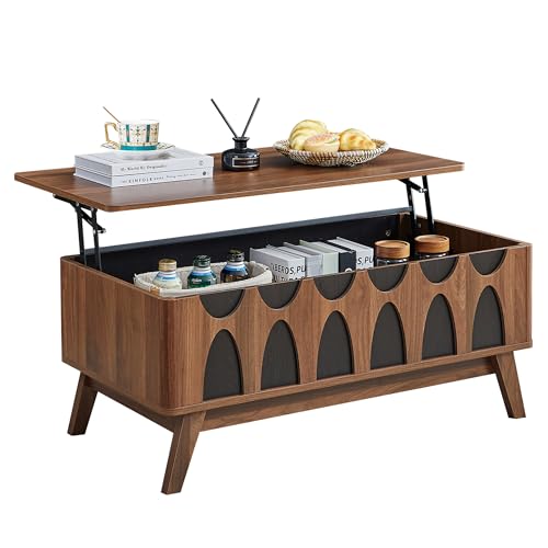 Bifins Coffee Table, Lift Top Coffee Table with Hidden Compartment | Mid Century Modern Coffee Table with Storage, Rectangular Center Table with Lift Tabletop for Living Room - color: Walnut and Black