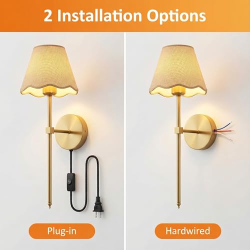 ADISUN Wall Sconce Set of 2, Gold Plug in Wall Lamps for Living Room, Hardwired, Rattan Shade Wall Lights Fixture for Bedroom Living Room Hallway Kitchen - color: Gold, 20inch
