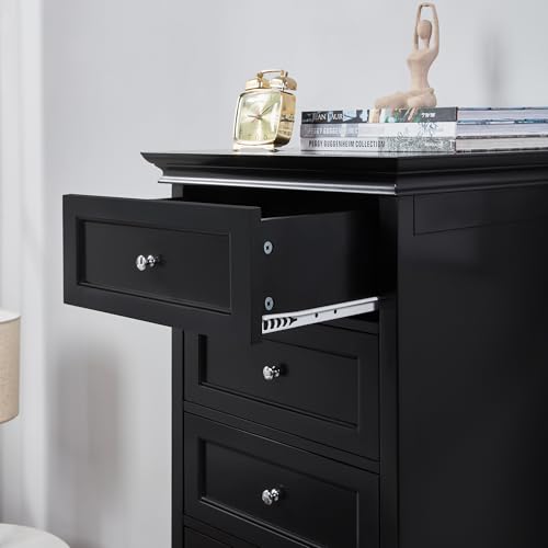 Tall Black Dresser for Bedroom with 7 Drawers, 52" Tall Skinny Dresser | Modern Black Tall Chest of Drawers Dresser，Wooden Lingerie Dresser Tall Narrow，Crown Molding and Solid Wood Ball Legs - color: Black