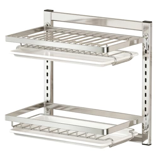 Wall Mounted Dish Drying Rack, 2 Tiers Over Sink Dish Drying Rack Rustproof Stainless Steel Drain Storage for Kitchen, Silver..
