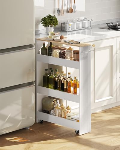 Slim Storage Cart with Wheels, 5.5" Narrow 4-Tier Rolling Cart, Multi-Purpose Utility Cart for Kitchen, Bathroom, Laundry Room, Living Room, White and Natural MTC02WN