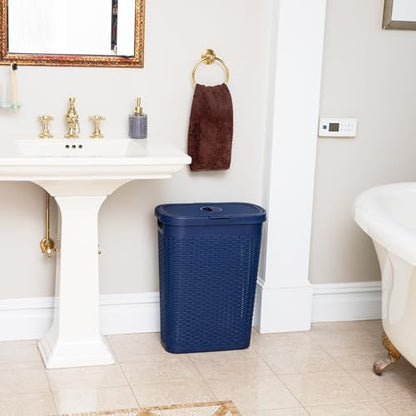Mind Reader Slim Laundry Hamper with Lid, 40L Clothes Basket, Narrow Tapered Design with Ventilated Cutout Pattern, Plastic, Navy - color: Navy, size: Single