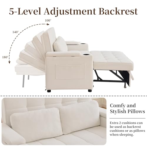 Korser 55.5'' 3-in-1 Convertible Sofa Bed, Pull Out Couch with 5-Position Adjustable Backrest, Loveseat Sleeper Sofa for Small Spaces, Sofa Couch with Cup Holders for Living Room, Office, Chenille - color: Beige