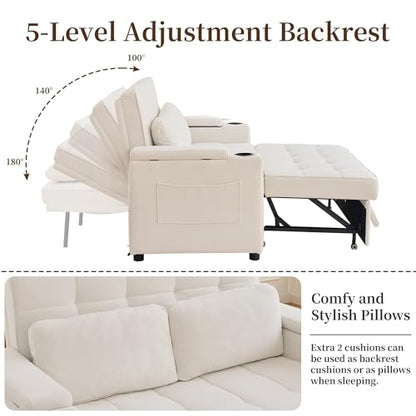 Korser 55.5'' 3-in-1 Convertible Sofa Bed, Pull Out Couch with 5-Position Adjustable Backrest, Loveseat Sleeper Sofa for Small Spaces, Sofa Couch with Cup Holders for Living Room, Office, Chenille - color: Beige
