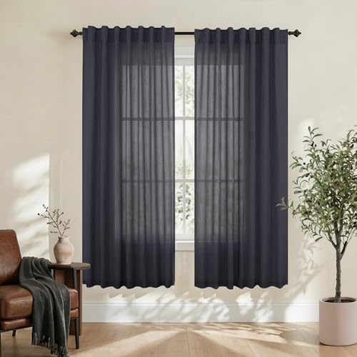 63 Inch Dark Grey Curtains for Bedroom Living Room Set 2 Panels Back Tab Light Diffusing Charcoal Gray Linen Semi Sheer Curtain 63 Inches Long for Hallway Door Doorway Exercise Room Studio Dormitory - color: Dark Grey, size: 52"W x 63"L (Pack of 2)