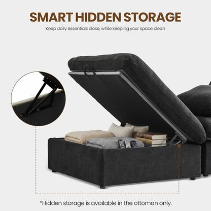118" Cloud Modular Sofa, Convertible Modular 3 Seater Couch, Cotton Linen Fabric Sofa for Living Room, Apartment and Bedroom, Removable Covers, 2 Pillows, Black - color: Black, size: 3-Seater