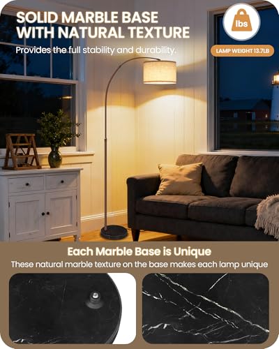 75" Arc Floor Lamp with Marble Base and Adjustable Height, Rotating Hanging Shade, Dimmable Floor Lamp for Living Room with Remote and Foot Switch, 3CCT, Over Couch Arched Light, Beige Brown VE15LD05 - color: Brown + Beige