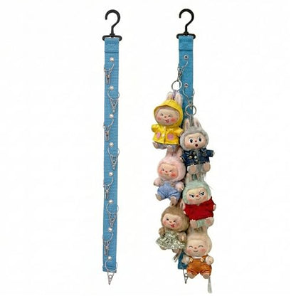 Plush Doll Hanging Storage Rope Display Rack with 8 Clips – Wall Hanging Organizer for Keychain Plushies, Mini Toys– Holds up to 3kg (Blue) - color: Blue