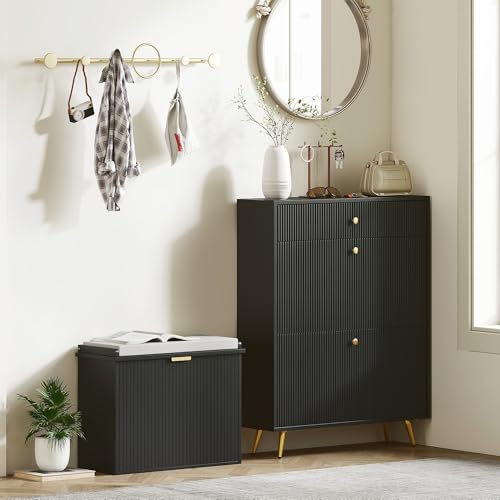 HOMCOM Narrow Shoe Bench with Padded Cushion 24.4x10.2x18.7 Inches Black | Shoe Storage Cabinet, Flip-Drawer, Adjustable Shelf, Small Entryway Bench, Holds up to 265lb - color: Black, size: 24.4" x 10.2" x 18.7"