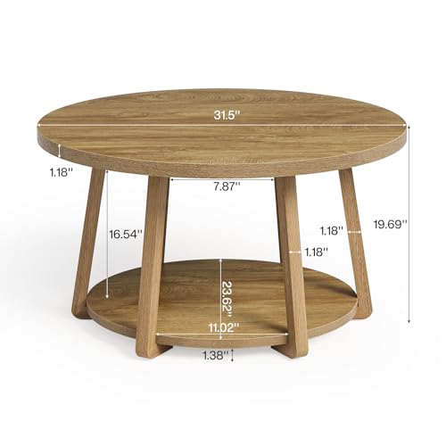 LITTLE TREE Round Coffee Table, 2-Tier Center Table with Storage | Wooden Legs, 31.5 Dia. x 19.6 H Inches, Easy Assembly, Circle Coffee Tables for Living Room, Bedroom - color: Oak