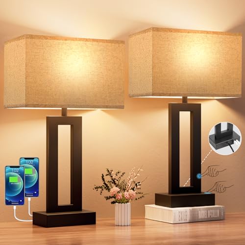 19.6" Touch Lamps for Nightstand, 3 Way Dimmable Bedroom Lamp, USB C+A | Touch Control, LED Bulb Included, Lamp with Charging Station, Bedside, Fabric Lampshade, Easy Assembly - color: A. Beige&Black, size: Medium(19.6in)