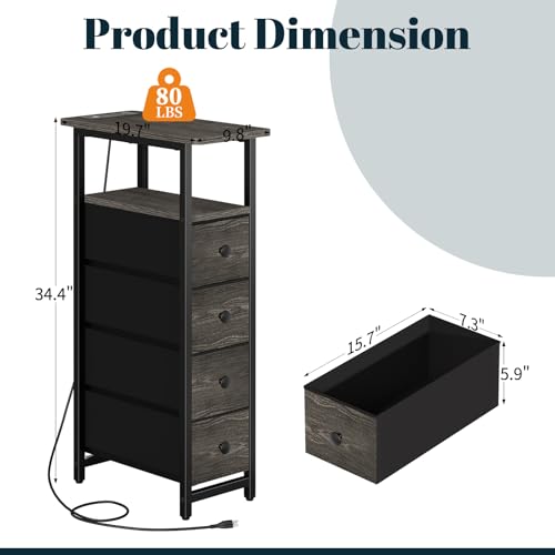 Yoobure LED Narrow Nightstand with Charging Station - Slim Dresser for Bedroom Narrow Side Table Storage Cabinet, Small Dressers Chest of Drawers, Tall Skinny Night Stand End Table for Small Spaces - color: Grey