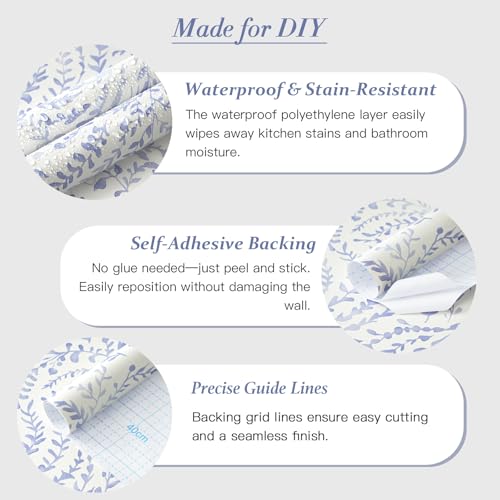 Peel and Stick Wallpaper Boho Blue Contact Paper Modern Botanical Wall Paper Waterproof Self Adhesive Removable Wallpaper for Bathroom Bedroom Kitchen Living Room Vinyl 17.3"x78.7" - color: Blue Purple, size: 17.3" x 78.7"