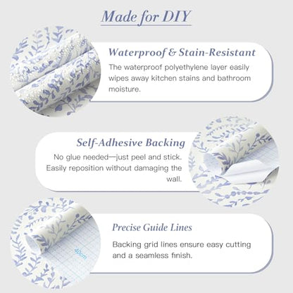 Peel and Stick Wallpaper Boho Blue Contact Paper Modern Botanical Wall Paper Waterproof Self Adhesive Removable Wallpaper for Bathroom Bedroom Kitchen Living Room Vinyl 17.3''x197'' - color: Blue Purple, size: 17.3" x 197"