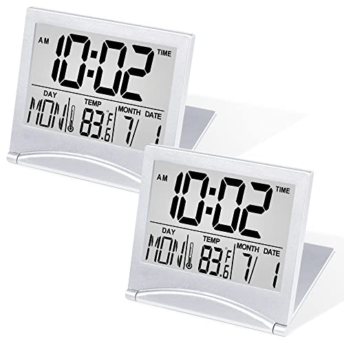 Betus Digital Travel Alarm Clock - Foldable Calendar Temperature Timer LCD Clock with Snooze Mode - Large Number Display, Battery Operated - Compact Desk Clock for All Ages (Silver Pack of 2) - color: Silver Pack of 2