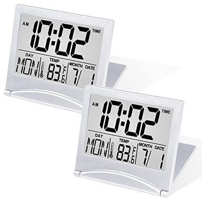 Betus Digital Travel Alarm Clock - Foldable Calendar Temperature Timer LCD Clock with Snooze Mode - Large Number Display, Battery Operated - Compact Desk Clock for All Ages (Silver Pack of 2) - color: Silver Pack of 2